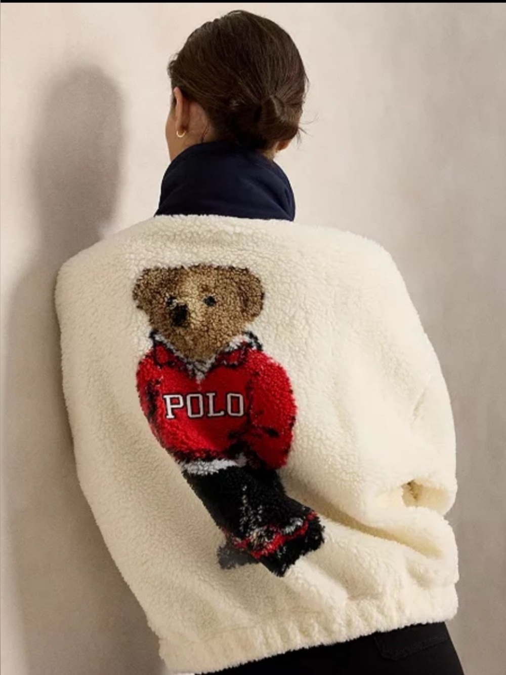 Polo Ralph Lauren Cream high pile funnel neck Sherpa Jacket with Red Bear